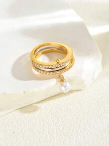 1pc Fashionable Faux Pearl Pendant Adjustable Stacking Rings For Women, Engagement, Wedding, Party, Eid Festival Gift