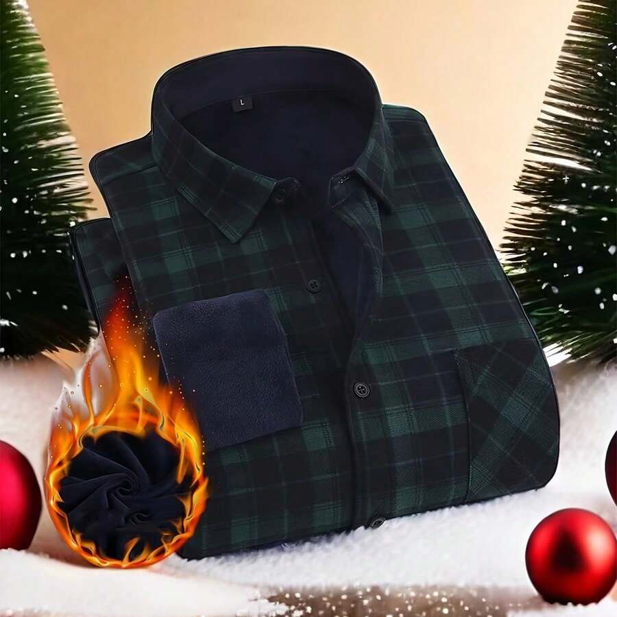 Fleece Padded Autumn Winter Men's Top, Flannel Shirt, Buttoned Pockets, Jacket, Short Plush Plaid, Multi-Color Home, Outdoor Cold-Resistant, Warm Shirt, Holiday Gifts - Xanh Malachite - Xem 1