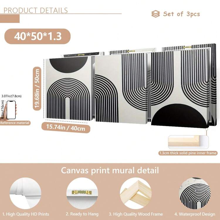 3 件/套无框帆布画和海报，波西米亚现代抽象线条几何艺术，家居装饰，壁画，房间装饰，高分辨率印刷品，节日礼物，客厅，卧室，餐厅，办公室装饰墙艺术，海报，墙壁艺术，房间装饰用品，秋季，现代（可选框架） - 黑色 - 查看 18