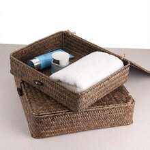Hipiwe Set Of 2 Flat Woven Wicker Storage Bins With Lid Natural Seagrass Basket Multipurpose Home Boxes For Shelf Organizer (Coffee) - Coffee - 查看 6