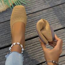 Women'S Black Woven Fabric Slip-On Flats - Casual Square Toe Shoes For Indoor & Outdoor Wear, All-Season Comfort With Rubber Sole, Breathable & Stylish Design - 薑黃色 - 查看 1