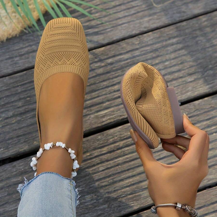 Women'S Black Woven Fabric Slip-On Flats - Casual Square Toe Shoes For Indoor & Outdoor Wear, All-Season Comfort With Rubber Sole, Breathable & Stylish Design - 薑黃色 - 查看 1