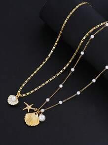 2pcs Seashell Pendant Necklace, Mermaid Pearl Necklace, Retro Beach Style Necklace(Random Starfish/Seashell Shape)