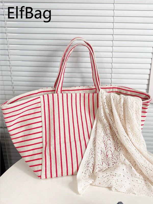 Back To School, Fashion Striped Pattern Women Tote Bag, Casual Minimalist Style, Large Capacity Student Bag, With Foldable Inner Shopping Bag, Contrasting Color Design, Suitable For Travel, School, Commuting, Shopping
