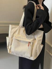 Modna, jednokolorowa torba typu tote z wieloma kieszeniami dla kobiet, duża pojemność, swobodna torba na ramię na wakacje na świeżym powietrzu, lekka i uniwersalna torba na zakupy, prosta, codzienna torba typu crossbody do dojazdów do pracy i szkoły - Beżowy - Zobacz 5