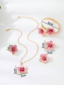 1 套可爱渐变扎染粉色 5 瓣花耳钉、1 枚戒指、1 条项链、1 条手链女士首饰套装，适合日常佩戴、约会、度假、送给女友的礼物 - 粉色 - 查看 6