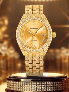 1 件男士新款时尚高端奢华闪亮罗马日历嘻哈金色全钻石英手表 - A - 查看 2