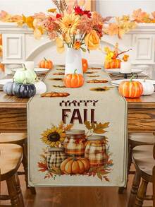 1pc/10pcs Autumn Pumpkin Sunflower Pattern Table Runner, Thanksgiving Day Table Runner, Harvest Festival Decor, Farmhouse Style, Linen-Like Material, 33*91CM/33*183CM/33*274CM, 3 Size Options, Indoor Outdoor Party Decor, Pumpkin Themed Decoration, Kitchen Table Decor