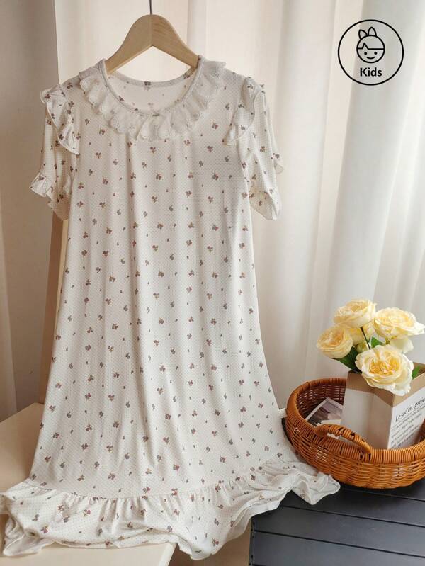 Young Girl Floral Ruffle Trim Nightgown, Pastoral Style
