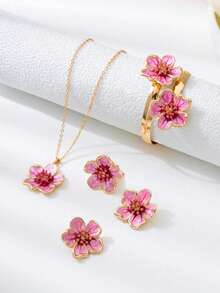 1 套可爱渐变扎染粉色 5 瓣花耳钉、1 枚戒指、1 条项链、1 条手链女士首饰套装，适合日常佩戴、约会、度假、送给女友的礼物 - 粉色 - 查看 1