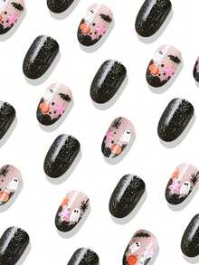 24 Peças Unhas Curtas Redondas, Unhas Falsas de Fantasmas, Abóboras, Estrelas Rosas e Aranhas Pretas do Halloween, Suprimentos de Unhas para Usar, Unhas Falsas de Verão, Unhas para Colar
