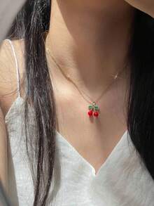 1 件樱桃项链，可爱樱桃水果吊坠项链，红樱桃项链，女士夏季吊坠项链 - 金色 - 查看 4