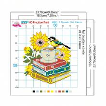11CT Cross Stitch Kit - Sunflower Bird & Books, Beginner DIY Embroidery Set With Printed Patterns (Autumn House, Cycling Cat), Includes Embroidery Frame, Threads, Instructions, Home Decor, Therapeutic Gift