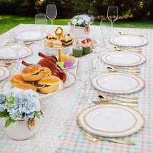 Hioasis 60pcs Gold Plastic Plates - White And Gold Trim Disposable Plates - 10.25 Inch Disposable Dinner Plates Perfect For Wedding &Amp; Party - Trắng và Vàng - Xem 8