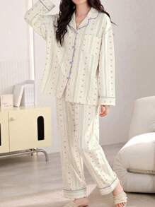 AICJ 2pcs Casual Loose Striped Print Long Sleeve Top And Pants Sleepwear Homewear Loungewear Set, Spring/Fall/Winter,Two Pieces Set