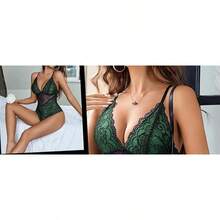 Lingerie Women Snap Crotch Teddy Bodysuit Contrast Lace Babydoll - Green - View 4