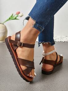 Dép đế bằng thời trang cỡ lớn mới mùa hè 2024 cho nữ, Dép đế bằng kiểu La Mã Hàn Quốc, Giày đi biển, Dép đế bằng hở mũi buộc dây kiểu cổ điển thoải mái - Cà phê nâu - Xem 4