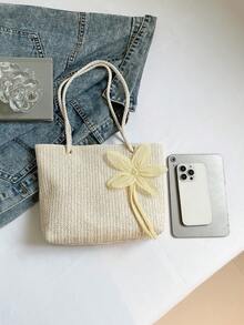 Mini Floral Woven Beach Tote Bag, Fashionable Shoulder Handbag - White - View 5