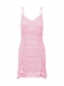 Women's Coquette Lace Mini Dress Ruched Spaghetti Strap Bustier Ruffle Hem Bodycon Dress Sexy Party Club Short Dress Summer Date Night Dress - 粉色 - 查看 6