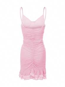 Women's Coquette Lace Mini Dress Ruched Spaghetti Strap Bustier Ruffle Hem Bodycon Dress Sexy Party Club Short Dress Summer Date Night Dress - 粉色 - 查看 7