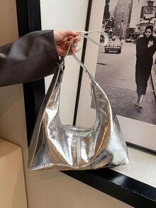 1 件时尚裂纹色大容量单肩斜跨饺子手提包，用途广泛，适合办公室、通勤、购物、节日礼物 - 銀色 - 查看 3