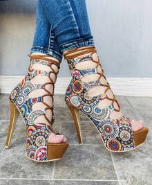 Zapatilla de tacón de aguja moda sexy mandalas - Camel - Ver 3