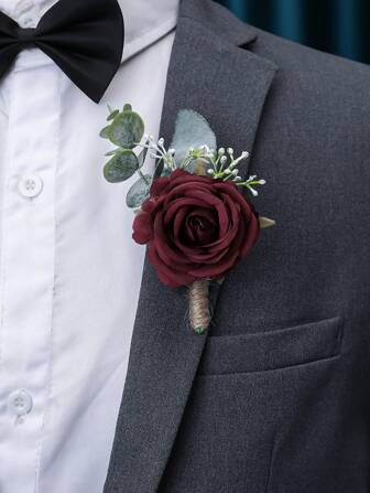 1pc Burgundy Princess Rose With Artificial Green Plant, Romantic Boutonniere Suitable For Groom, Bride, Groomsman, Bridesmaid, Wedding, Engagement, Party, Banquet, Events