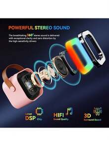 3-In-1 Portable Mini Speaker Set With 2 Wireless Microphones - USB Rechargeable, Wireless Speaker For Birthday Parties And Family Entertainment, Colorful LED Light, Suitable For Birthday Parties, Family Gatherings, Christmas Gifts, New Year'S Gifts - Pink - View 5