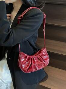 1 pieza Bolso de hombro de mujer de piel de PU brillante y de moda, diseño minimalista con pliegues en forma de media luna