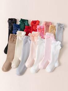 6双装婴儿粉色蝴蝶结装饰女童袜子及膝儿童长筒袜宝宝新生儿春夏季可爱儿童袜子 - 灰色 - 查看 3