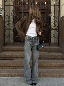 秋季女士纯色长袖夹克时尚新款翻领拉链女式夹克女式街头风格外套