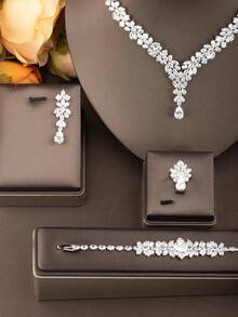 1 套优雅的立方氧化锆镶嵌首饰套装适合女士婚礼派对佩戴，包括 1 对耳环、1 条项链、1 条手链、1 枚戒指（不含礼品盒） - 銀色02 - 查看 2
