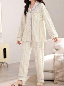 AICJ 2pcs Casual Loose Striped Print Long Sleeve Top And Pants Sleepwear Homewear Loungewear Set, Spring/Fall/Winter,Two Pieces Set