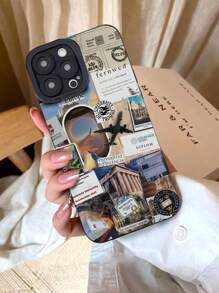 1pc Airplane Stamp Travel Landmark Design Black Phone Case, Fit For IPhone11 11Pro 11ProMax 12 12Pro 12ProMax 13 13Pro 13ProMax 14 14Pro 14Plus 14ProMax 15 15Pro 15Plus 16 16Pro 16ProMax 16Plus