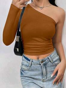 Women's Cropped Top T-Shirt Blouse With One-Shoulder Neckline Suplex Fabric Ideal For Going Out On Casual Romantic Elegant And Sophisticated Dates - 鏽棕色 - 查看 3