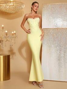 Nuevo vestido de novia con decoración de perlas sin tirantes de color rosa sexy, vestido de fiesta y noche - Amarillo - Ver 4