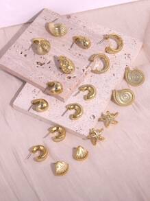 6/18pcs Fashionable Starfish, Seashell, Smooth Water Drop, Textured C-Shape Earrings Set, Suitable For Summer Travel & Vacation Wear
