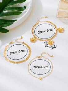 3pcs/Set Summer Beach Gold Wheat Chain Flower Heart Pendant Anklet, Elegant Jewelry Suitable For Vacation Travel - Yellow Gold - View 6