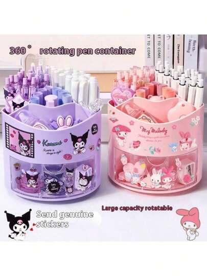 Sanrio The Rotary Pen Holder Is A Multifunctional Desktop Stationery Storage Box, Which Can Conveniently Store Cosmetics And Other Small Items. Large Capacity Design Is An Indispensable Organization Tool For Returning To School On The Desktop. The Stickers Need To Be Self-Adhesive, And Return To School Season