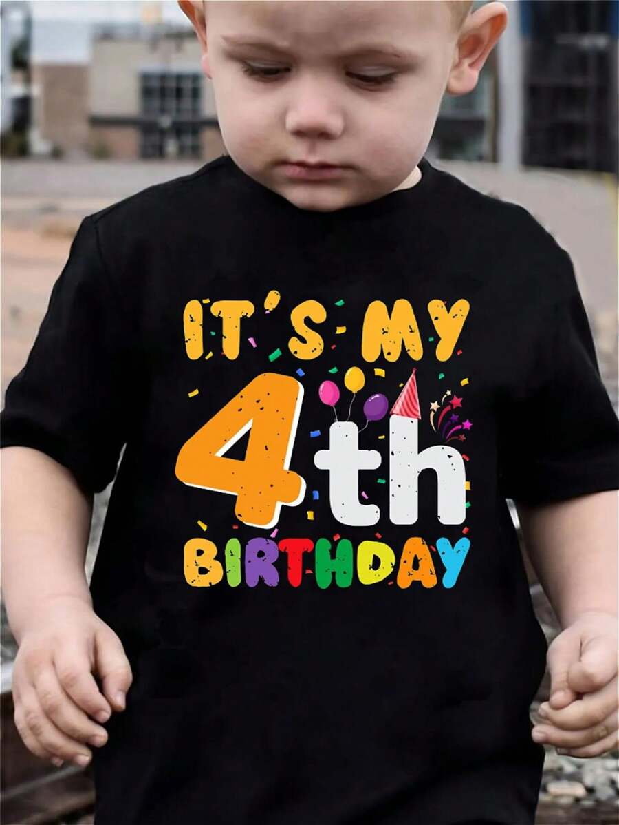 AYJK7 IT'S MY 4TH BIRTHDAY Biscuit Printing Kids Cotton T-Shirt Casual Fashionable Round Neck Short Sleeved Tshirt
