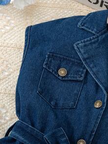 Girls' Fashion Denim Dress With Belt, Blue Lapel Collar Casual Dress For Daily Wear, Summer