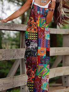 1 件女式波西米亚复古印花连体裤，100% 涤纶，无弹性面料，宽松版型，直筒裤，细肩带，休闲风格，适合春/夏/秋季海滩 - 彩色 - 查看 2