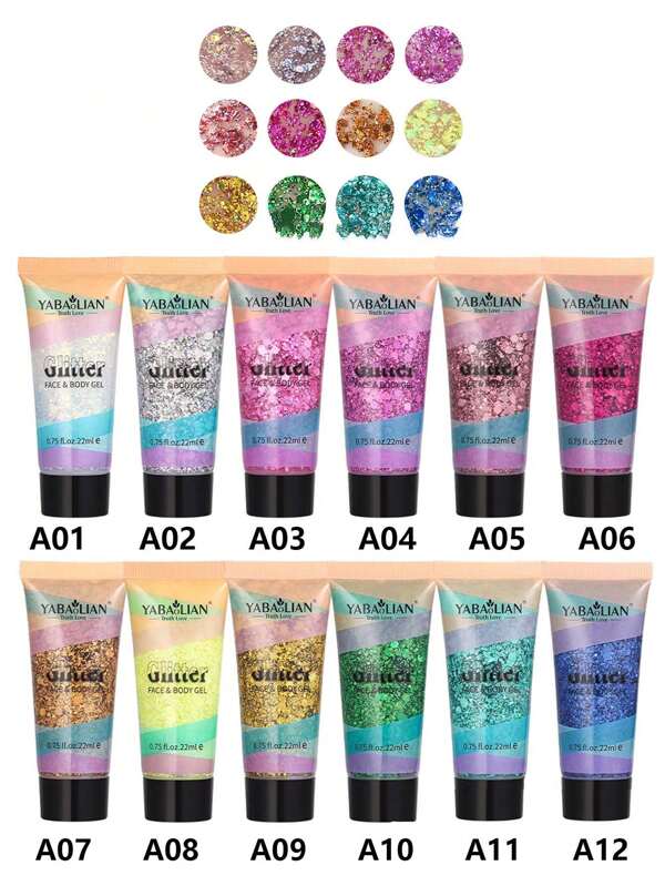 12pcs/Set,6pcs/Set Face Body Painting High Gloss Film Brightening Gel Body Painting Pigment Stage Makeup Festival Party, Sequin Gel Gel Gel Gel, Body Face Makeup Glitter Powder, Music Festival Exaggerated Stage Makeup