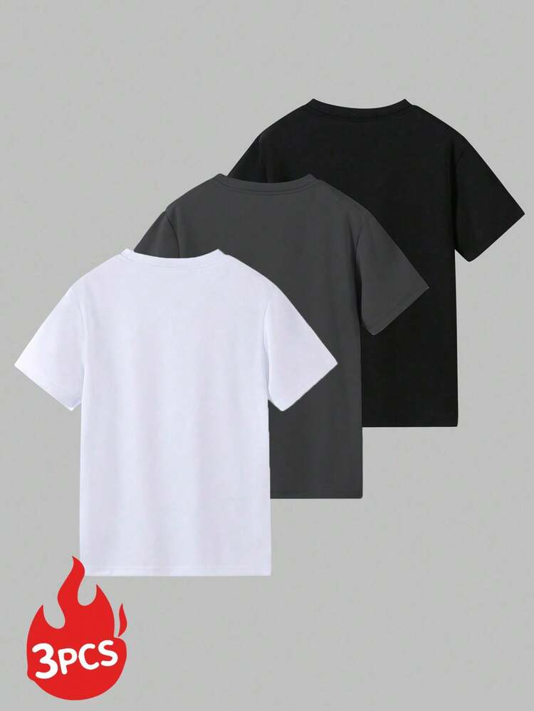 3 st/set Tween Boy Casual Grafiskt tryck Kortärmade T-shirts med rund hals, sommartröjor - Svart - Visa 3