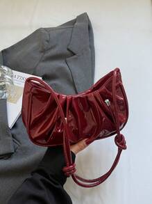 1 pieza Bolso de hombro de mujer de piel de PU brillante y de moda, diseño minimalista con pliegues en forma de media luna