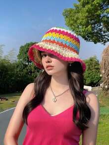 Women's 1pc Colorful Crochet Knit Bucket Hat, Bohemian & Casual Style, Straw Material, Foldable Sun Hat For Summer Beach & Easter, Retro Elegant Beach Hat For Women With High UV Protection, Multiple Colors Available,Vacation - Rainbow Multicolor - View 2