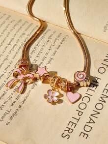 1 件可爱蝴蝶结和心形吊坠项链，粉色蝴蝶结心形吊坠项链，粉色樱花项链，时尚星星项链