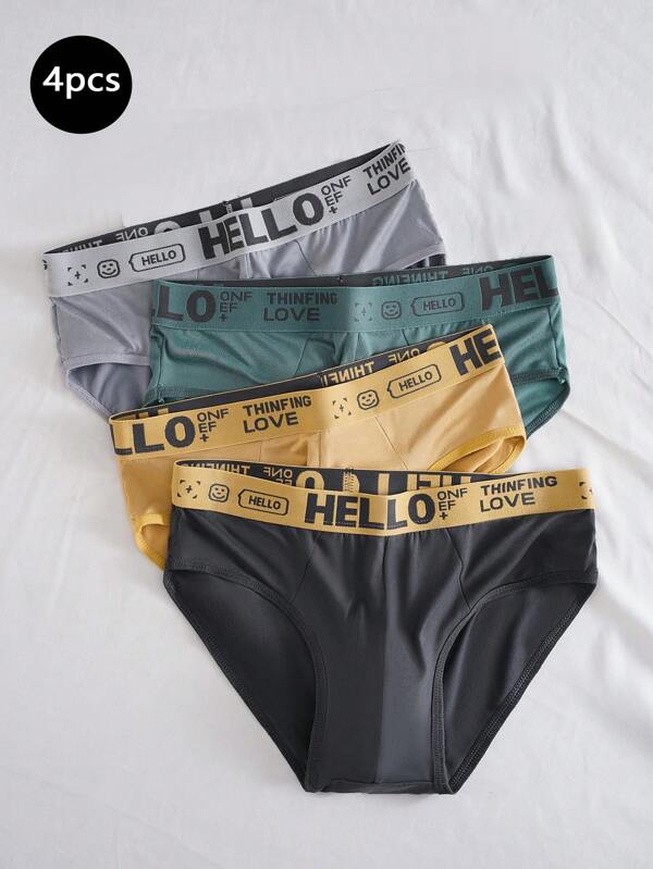 Set de 4 calzoncillos para hombre de colores aleatorios, con pretina de moda con patrón de letra asimétrica "HELLO", ropa interior cómoda y suave con elástico