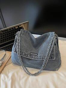 Winter New Fashion Classic Joker Solid Color Retro Wash Jeans Material Metal Chain Shoulder Bag Quilted Embroidery Thread Decoration Design Large-Capacity Shoulder Bag Suitable For Shopping And Outing. - Baby Blue - View 9