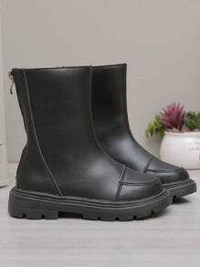 1 pereche de cizme simple până la jumătatea gambei pentru fete, piele PU moale de culoare uni, vârf rotund cu talpă groasă și fermoar antiderapant, cizme de cavaler casual la modă pentru purtare de zi cu zi, nou-venită toamnă/iarnă